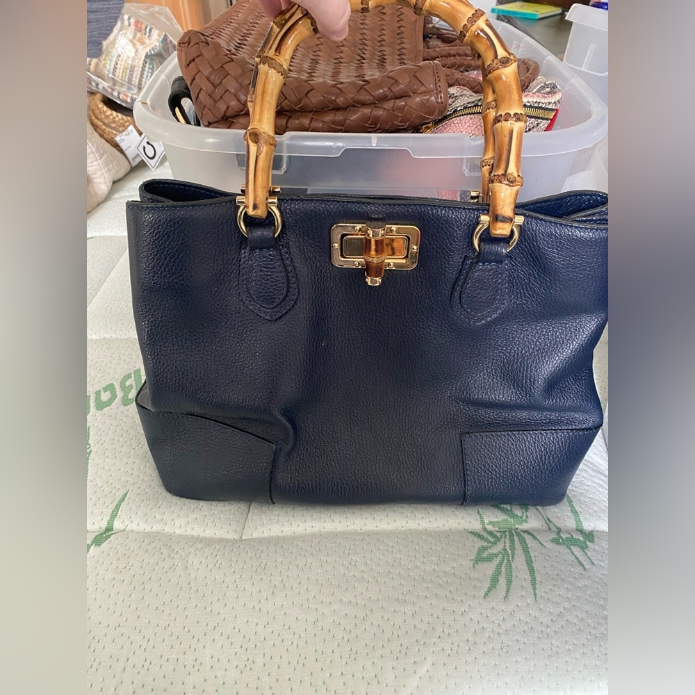 Elegant Navy Blue Handbag with Bamboo Handles